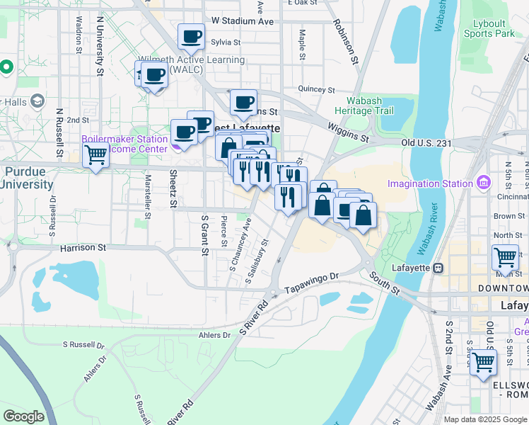 map of restaurants, bars, coffee shops, grocery stores, and more near 122 West Wood Street in West Lafayette