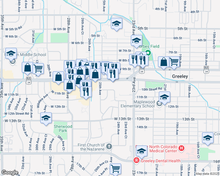 map of restaurants, bars, coffee shops, grocery stores, and more near 2459 West 11th Street in Greeley