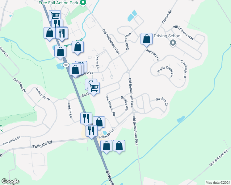 map of restaurants, bars, coffee shops, grocery stores, and more near 1082 Huntington Road in Quakertown