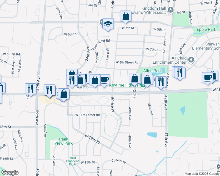 map of restaurants, bars, coffee shops, grocery stores, and more near 961 50th Avenue in Greeley
