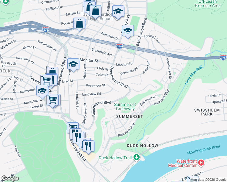 map of restaurants, bars, coffee shops, grocery stores, and more near 6620 Rosemoor Street in Pittsburgh