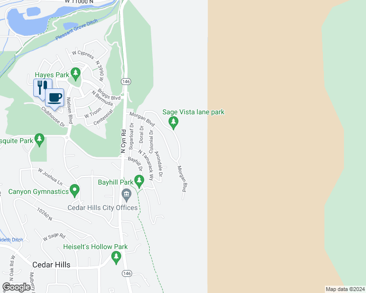 map of restaurants, bars, coffee shops, grocery stores, and more near 10458 Sage Vista Lane in Cedar Hills