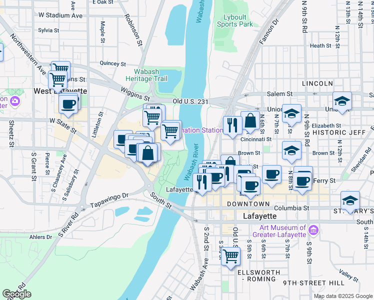 map of restaurants, bars, coffee shops, grocery stores, and more near Brown Street Overlook in West Lafayette