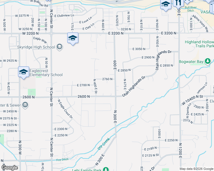 map of restaurants, bars, coffee shops, grocery stores, and more near 2697 North 520 East in Lehi