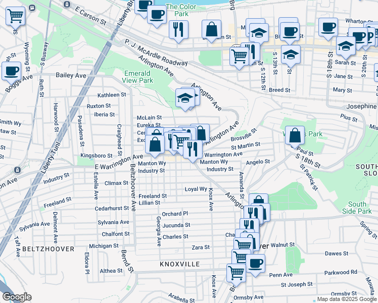 map of restaurants, bars, coffee shops, grocery stores, and more near in Pittsburgh
