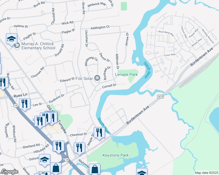 map of restaurants, bars, coffee shops, grocery stores, and more near 23 Cornell Drive in East Brunswick