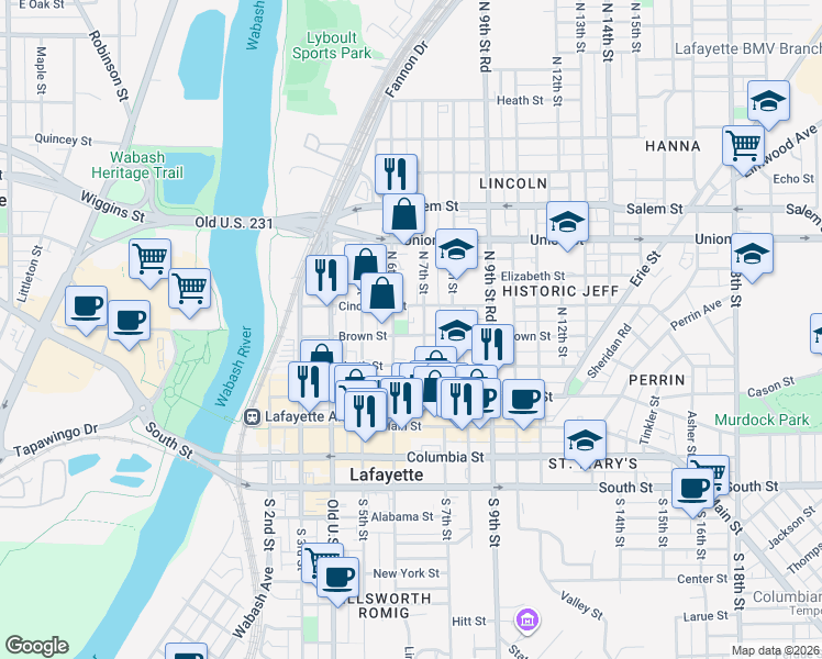 map of restaurants, bars, coffee shops, grocery stores, and more near 501-599 North 6th Street in Lafayette