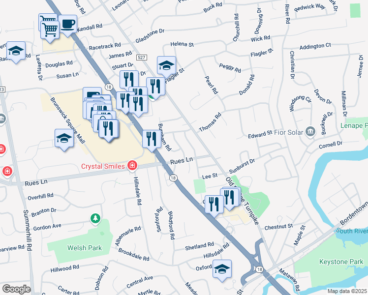 map of restaurants, bars, coffee shops, grocery stores, and more near 12 High Point Road in East Brunswick