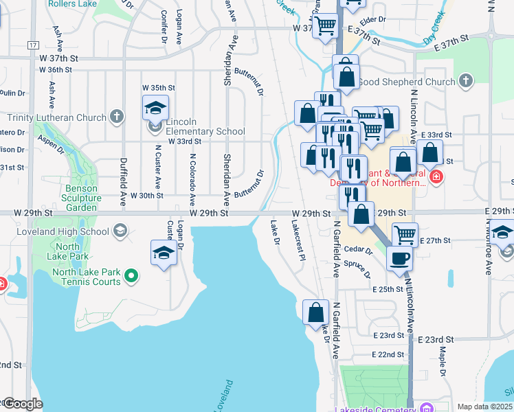 map of restaurants, bars, coffee shops, grocery stores, and more near 507 West 29th Street in Loveland
