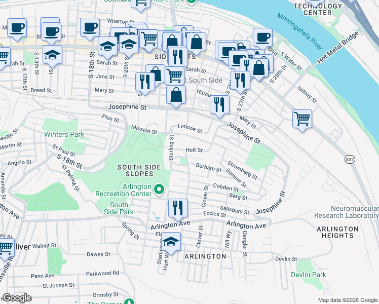 map of restaurants, bars, coffee shops, grocery stores, and more near 2410 Holt Street in Pittsburgh