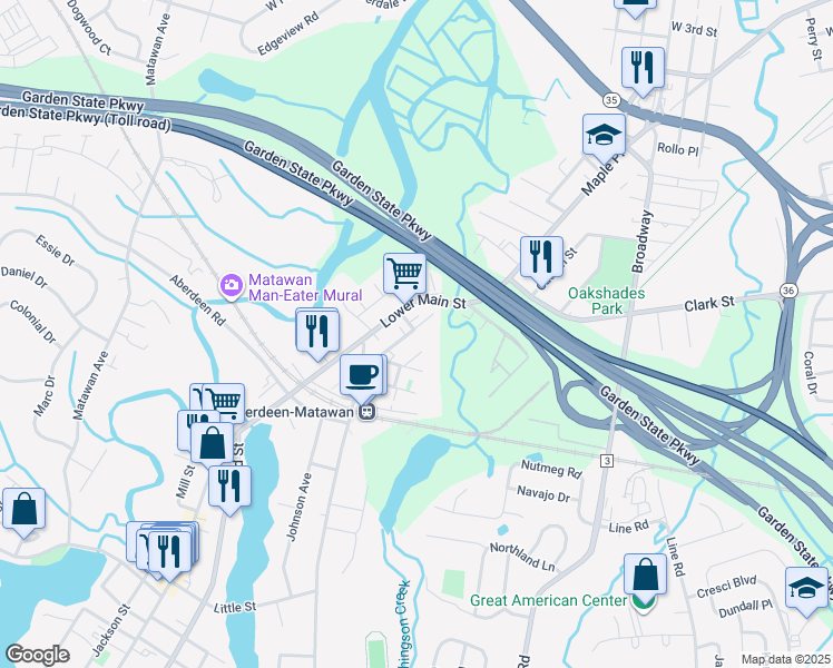 map of restaurants, bars, coffee shops, grocery stores, and more near 21 Mathiasen Place in Matawan