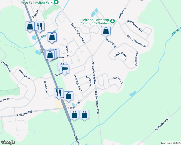 map of restaurants, bars, coffee shops, grocery stores, and more near 1304 Watercress Lane in Quakertown