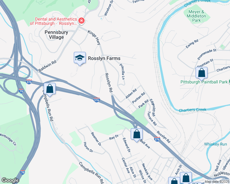 map of restaurants, bars, coffee shops, grocery stores, and more near 314 Rosslyn Road in Carnegie