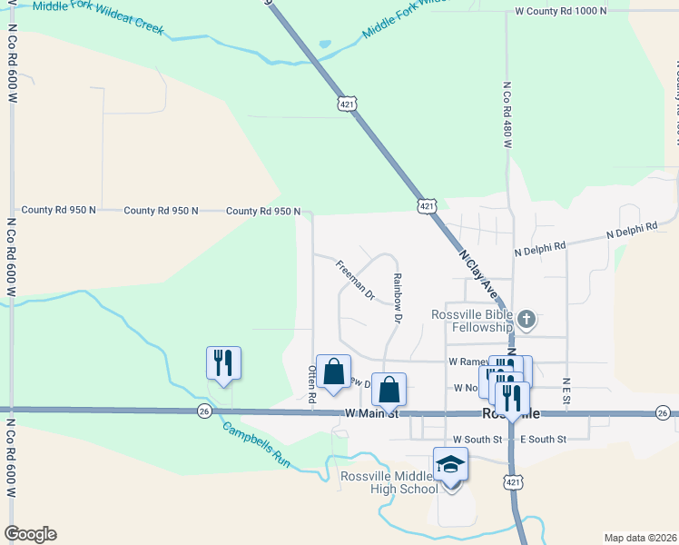 map of restaurants, bars, coffee shops, grocery stores, and more near 8 Freeman Drive in Rossville