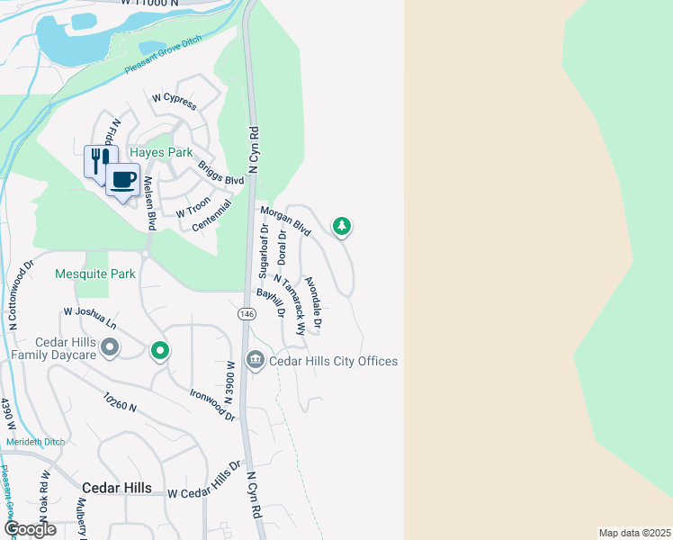 map of restaurants, bars, coffee shops, grocery stores, and more near 10456 Morgan Blvd in Cedar Hills