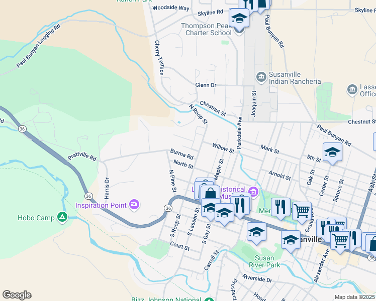 map of restaurants, bars, coffee shops, grocery stores, and more near 520 Hill Street in Susanville