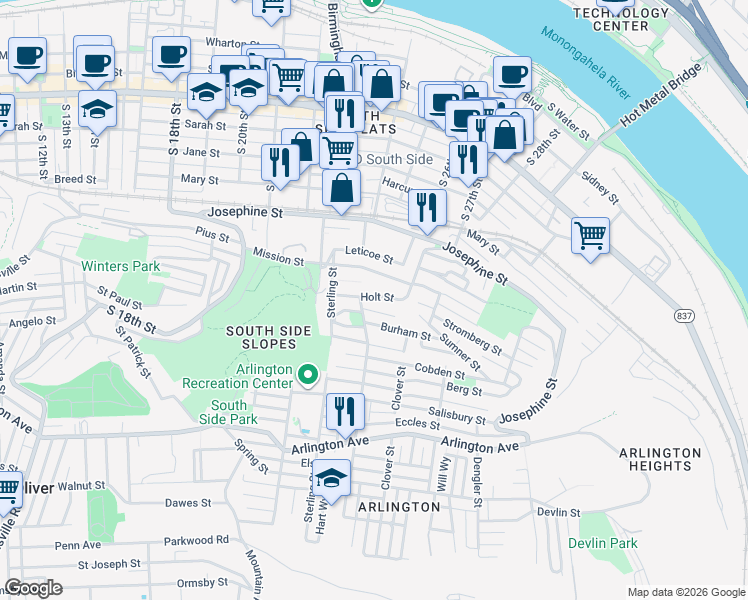 map of restaurants, bars, coffee shops, grocery stores, and more near 42 Holt Street in Pittsburgh