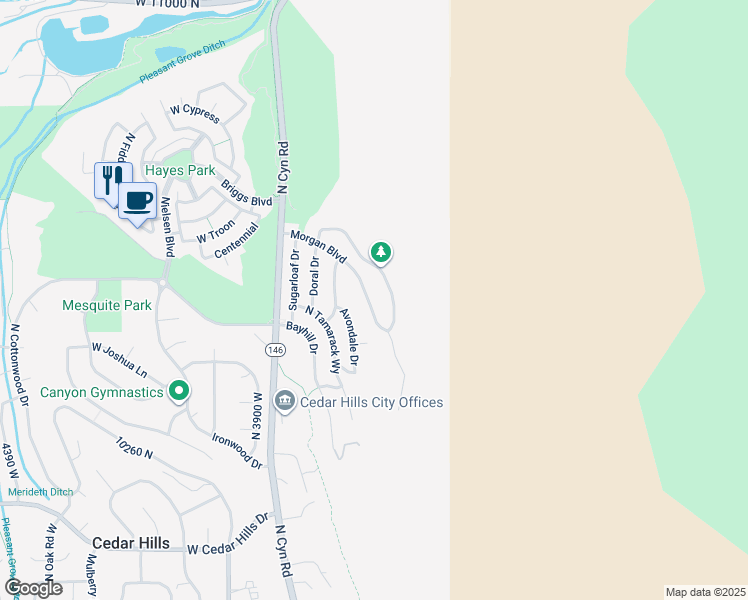 map of restaurants, bars, coffee shops, grocery stores, and more near 10456 Morgan Boulevard in Cedar Hills