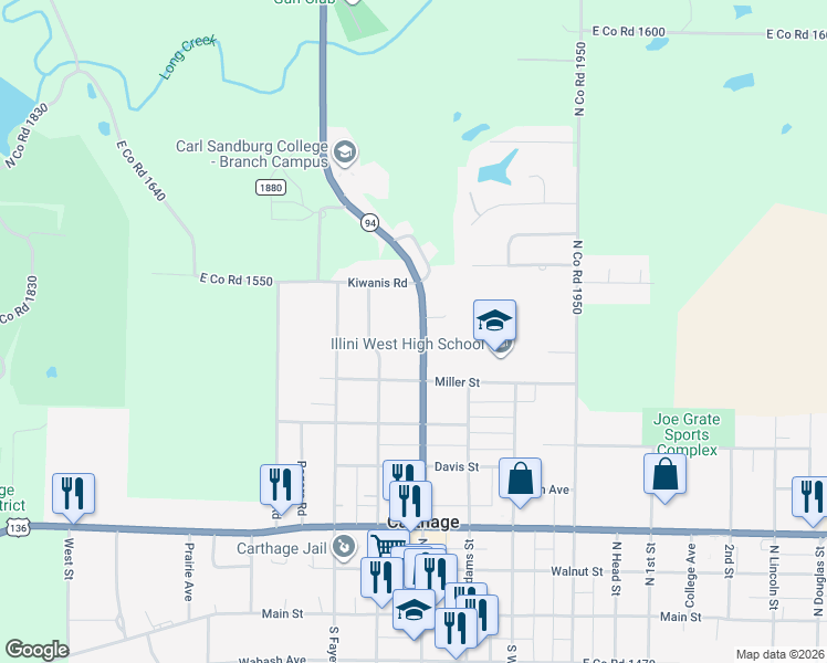 map of restaurants, bars, coffee shops, grocery stores, and more near 527 North Madison Street in Carthage