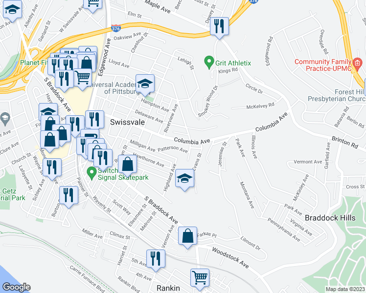 map of restaurants, bars, coffee shops, grocery stores, and more near 2341 Patterson Avenue in Pittsburgh