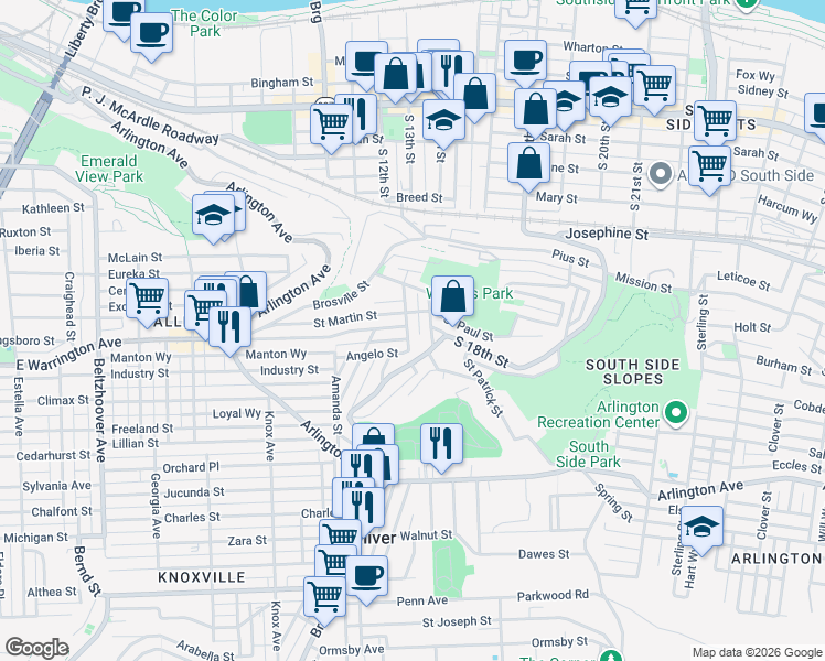 map of restaurants, bars, coffee shops, grocery stores, and more near 15 Saint Thomas Street in Pittsburgh
