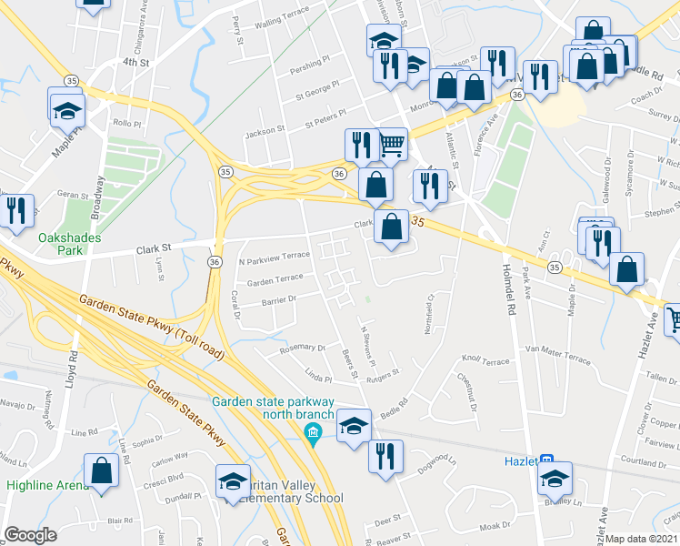 map of restaurants, bars, coffee shops, grocery stores, and more near Village Green in Hazlet