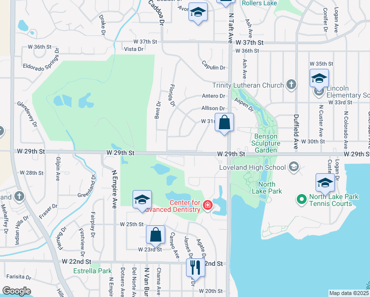map of restaurants, bars, coffee shops, grocery stores, and more near 1519 West 29th Street in Loveland