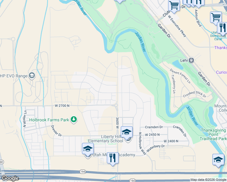 map of restaurants, bars, coffee shops, grocery stores, and more near 3634 West Holbrook Way in Lehi