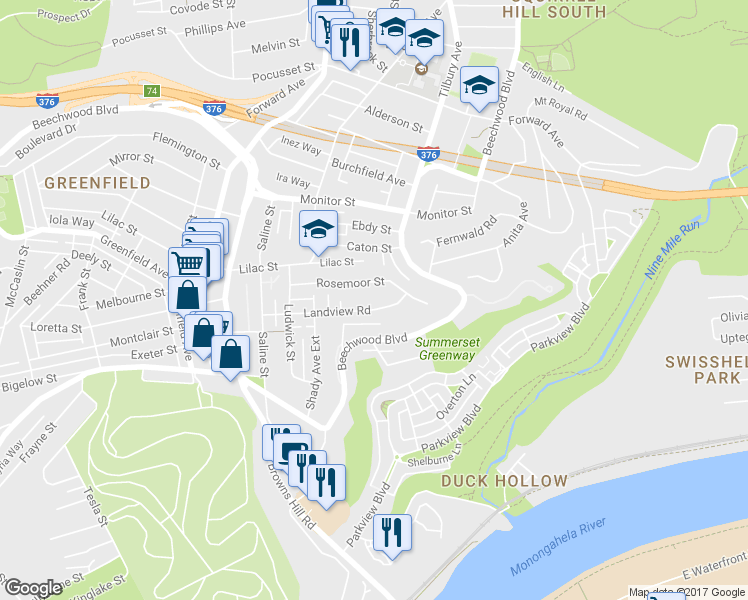 map of restaurants, bars, coffee shops, grocery stores, and more near 6635 Landview Road in Pittsburgh
