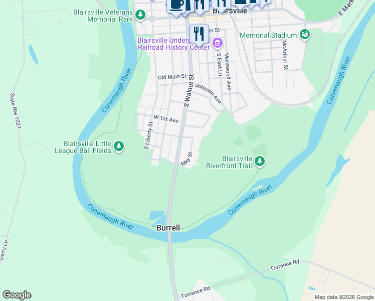 map of restaurants, bars, coffee shops, grocery stores, and more near 608 May Street in Blairsville