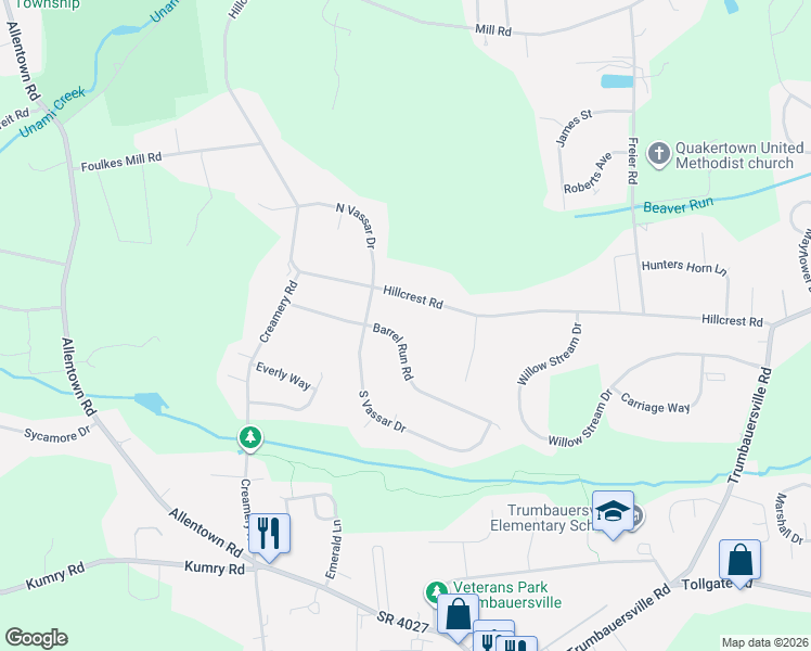 map of restaurants, bars, coffee shops, grocery stores, and more near 19 Barrel Run Road in Quakertown