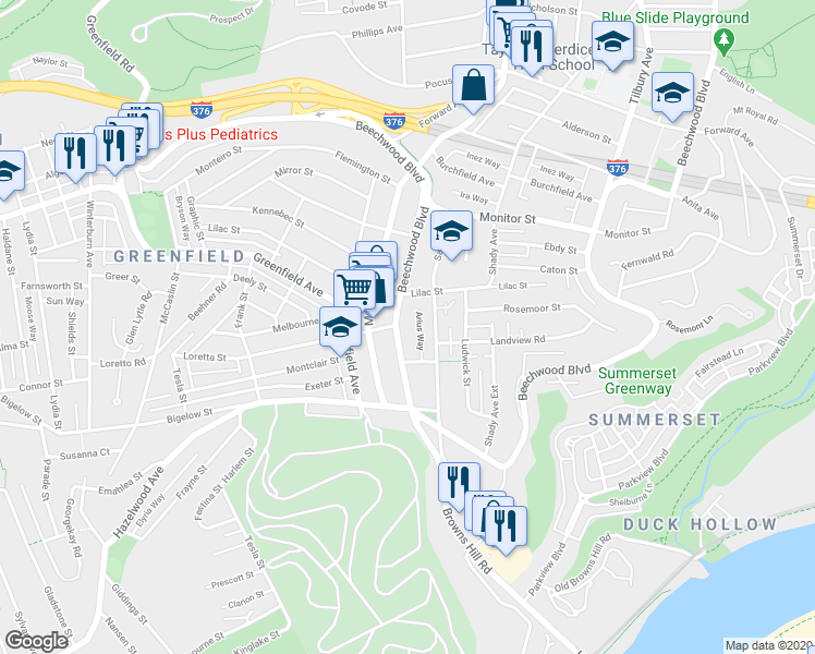 map of restaurants, bars, coffee shops, grocery stores, and more near 3478 Beechwood Boulevard in Pittsburgh