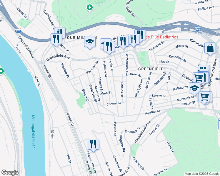 map of restaurants, bars, coffee shops, grocery stores, and more near 4241 Haldane Street in Pittsburgh