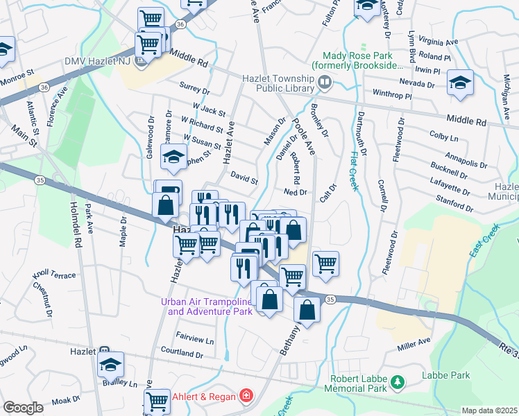 map of restaurants, bars, coffee shops, grocery stores, and more near 30 Daniel Drive in Hazlet