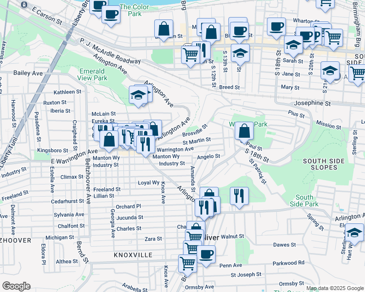 map of restaurants, bars, coffee shops, grocery stores, and more near 969 East Warrington Avenue in Pittsburgh