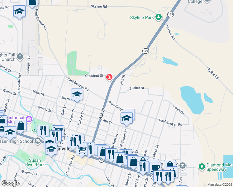 map of restaurants, bars, coffee shops, grocery stores, and more near 710 Hall Street in Susanville
