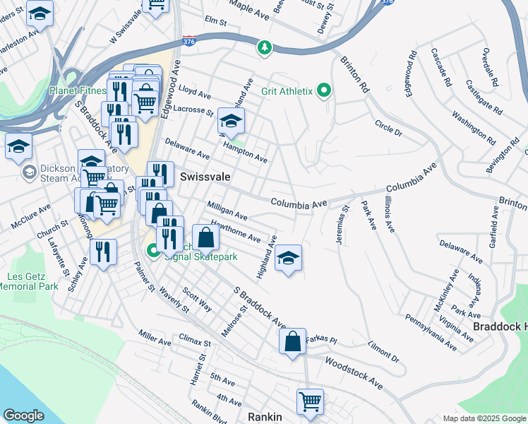 map of restaurants, bars, coffee shops, grocery stores, and more near 2319 Patterson Avenue in Swissvale