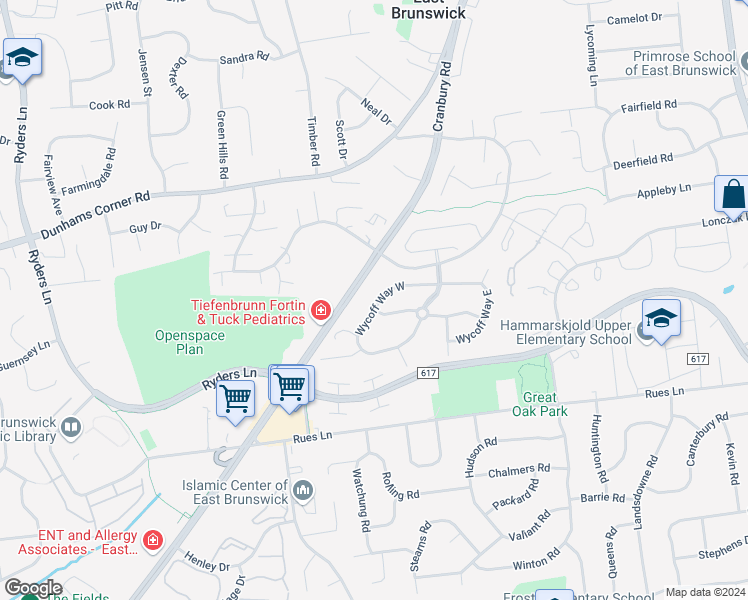 map of restaurants, bars, coffee shops, grocery stores, and more near 312 Wycoff Way West in East Brunswick