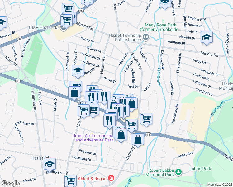 map of restaurants, bars, coffee shops, grocery stores, and more near 30 Daniel Drive in Hazlet
