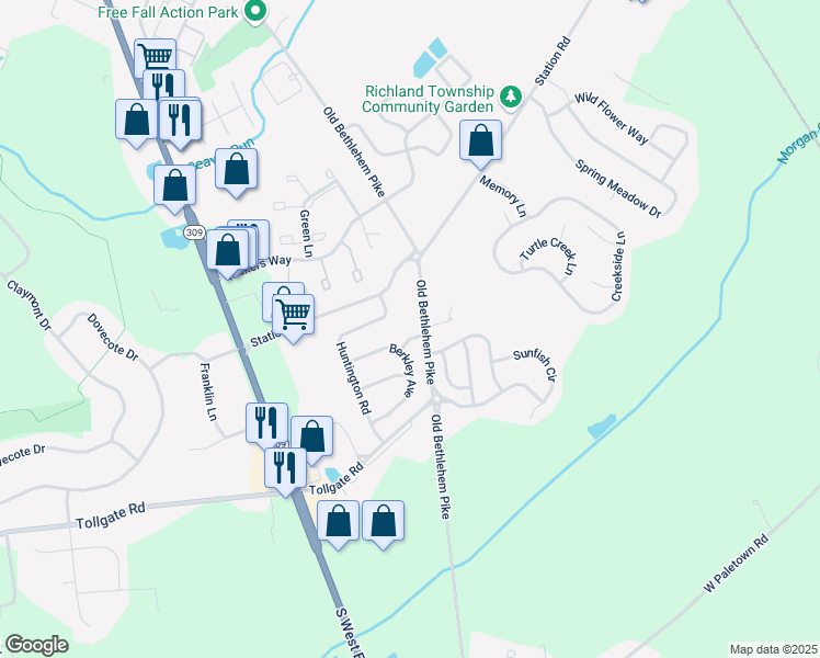 map of restaurants, bars, coffee shops, grocery stores, and more near 1304 Watercress Lane in Quakertown