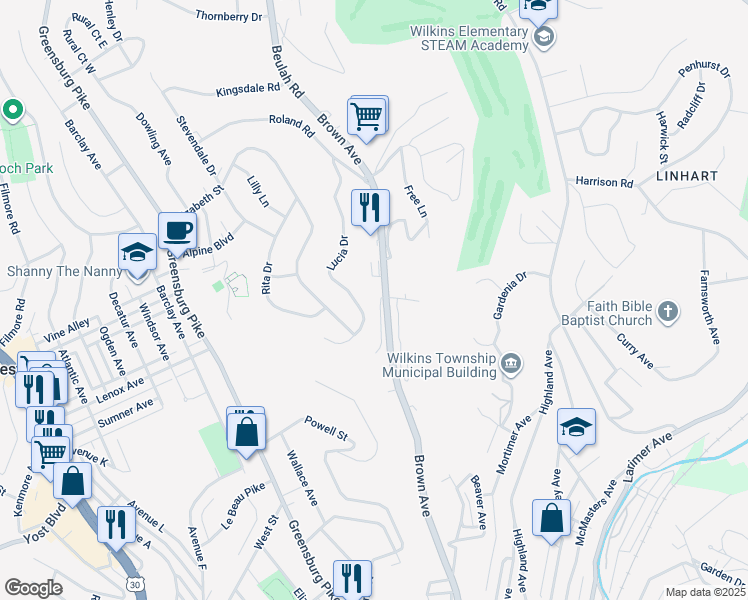 map of restaurants, bars, coffee shops, grocery stores, and more near 103 Lucinda Drive in Turtle Creek