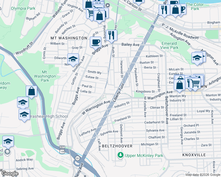map of restaurants, bars, coffee shops, grocery stores, and more near 307 Paur Street in Pittsburgh