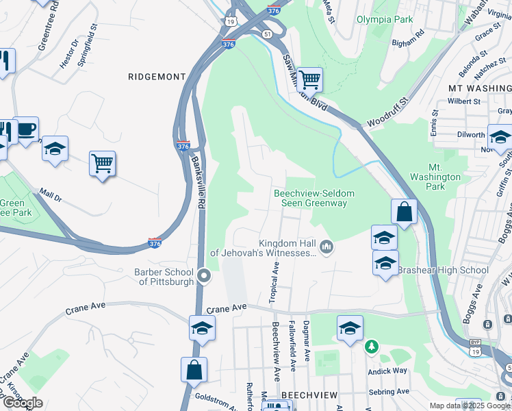 map of restaurants, bars, coffee shops, grocery stores, and more near 1120 Shadycrest Place in Pittsburgh