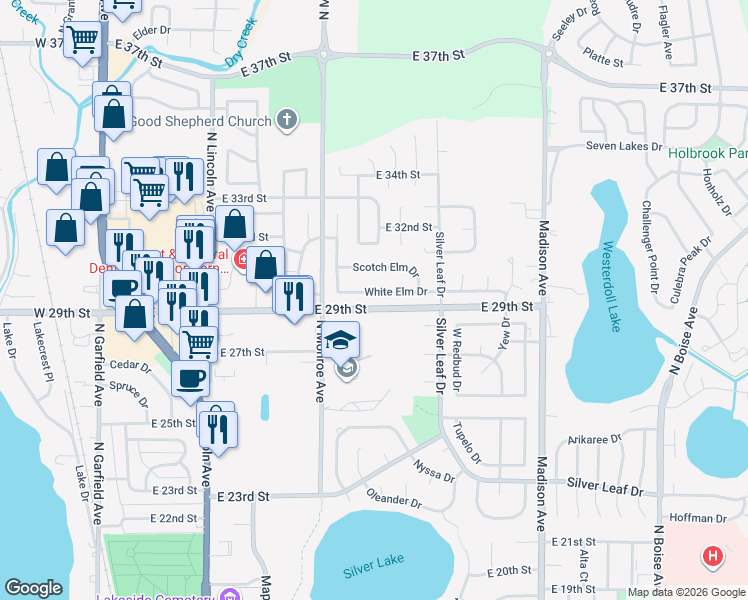 map of restaurants, bars, coffee shops, grocery stores, and more near 832 White Elm Drive in Loveland