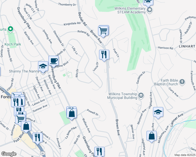 map of restaurants, bars, coffee shops, grocery stores, and more near 521 Lucia Drive in Pittsburgh