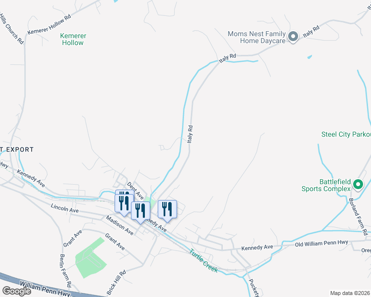 map of restaurants, bars, coffee shops, grocery stores, and more near 2918 Italy Road in Export