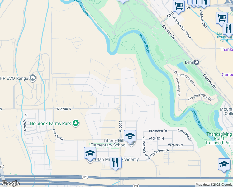 map of restaurants, bars, coffee shops, grocery stores, and more near 3634 West Holbrook Way in Lehi