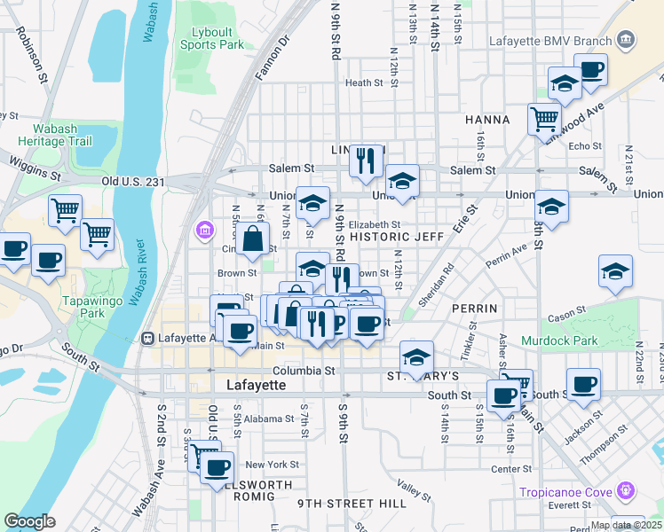 map of restaurants, bars, coffee shops, grocery stores, and more near 806 Brown Street in Lafayette