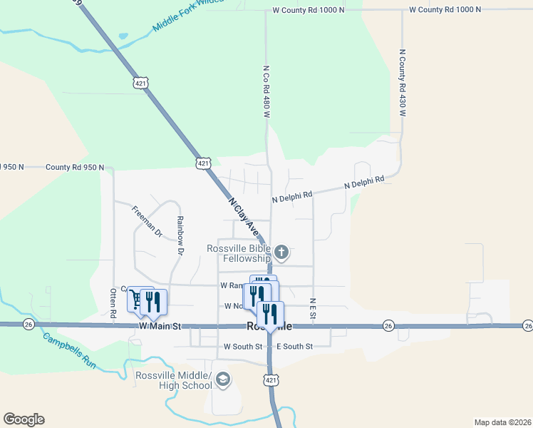 map of restaurants, bars, coffee shops, grocery stores, and more near 207 North Plank Street in Rossville