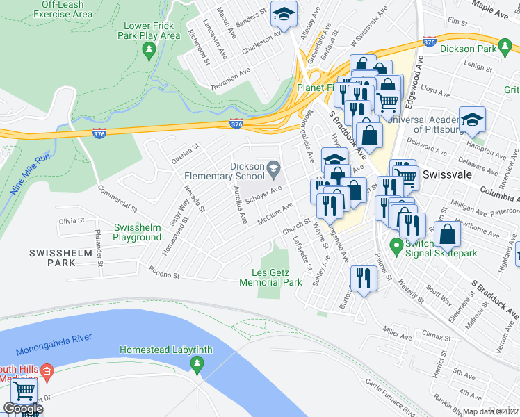 map of restaurants, bars, coffee shops, grocery stores, and more near 1714 Tonette Street in Pittsburgh